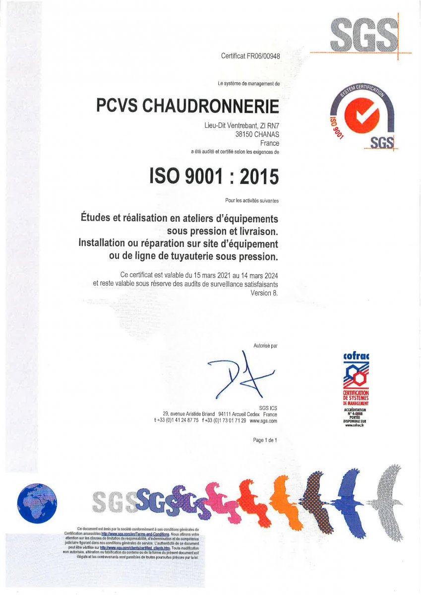 Certifications de PCVS Chaudronnerie Isère